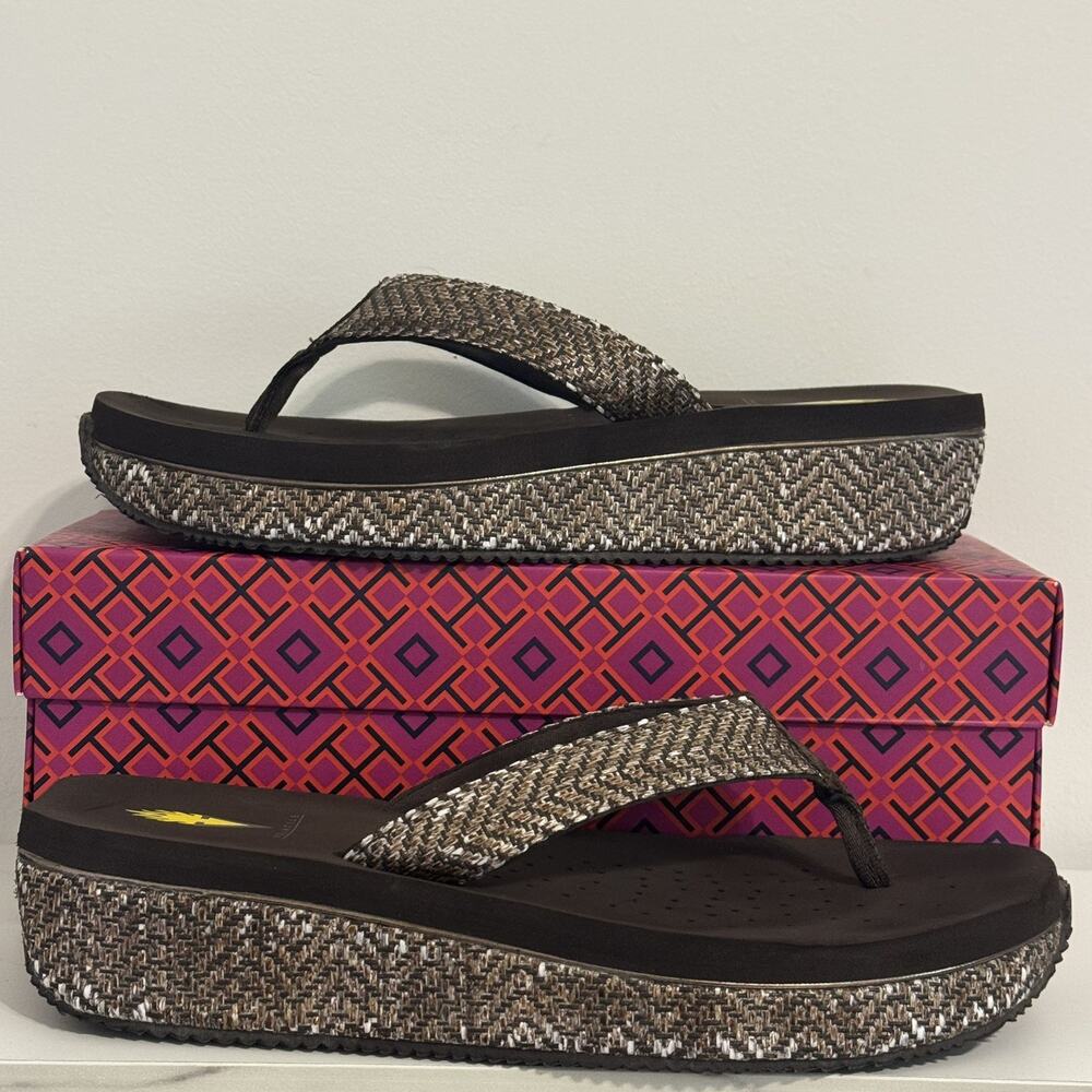 Volatile Island Platform Wedge Sandal Brown Woven Thong Chunky Cruise Sz 10